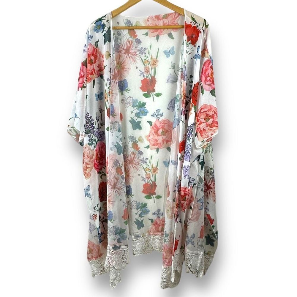 Hibluco chiffon floral print crochet trim hem long kimono coverup size S‎